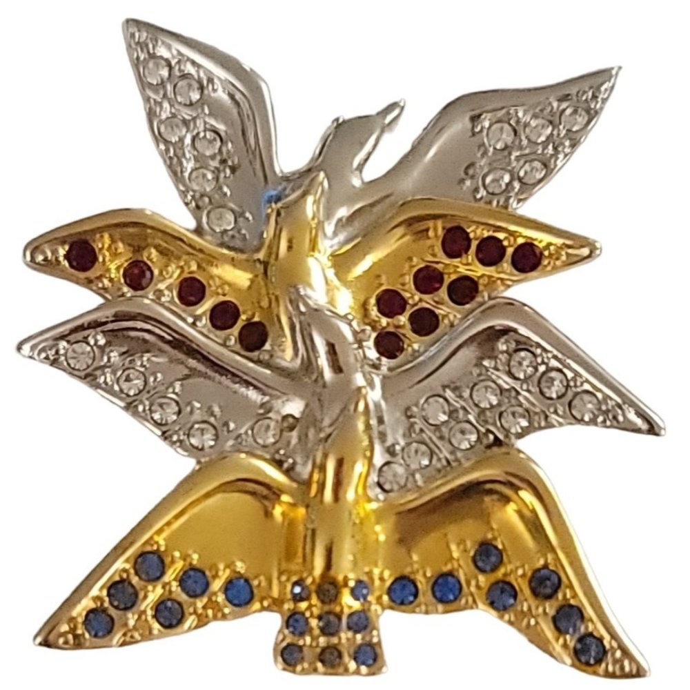 Swarovski Gold Silver Tone Red White Blue Patriotic Doves In Flight Brooch K921